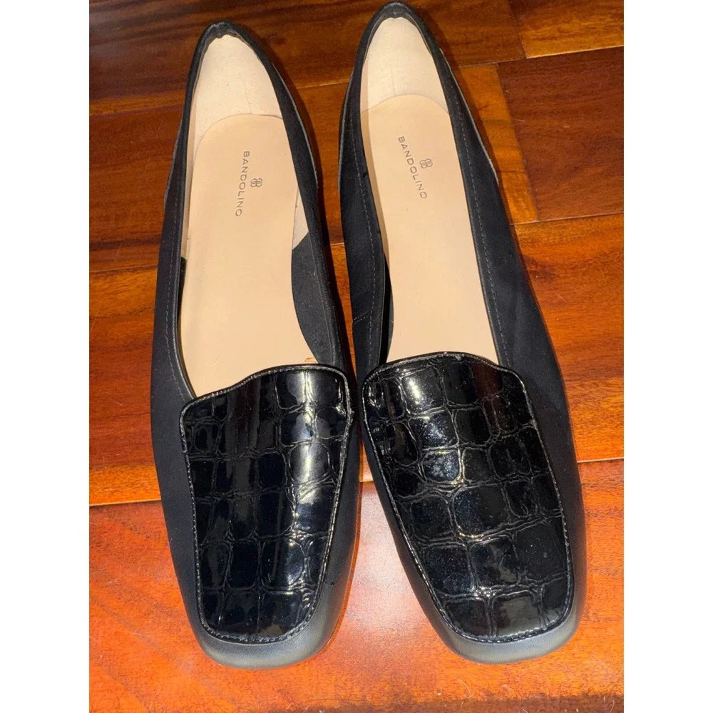 Bandolino Liberty Black Leather Croc Embossed Square Toe‎ Loafers BDLIBERTY 8.5W